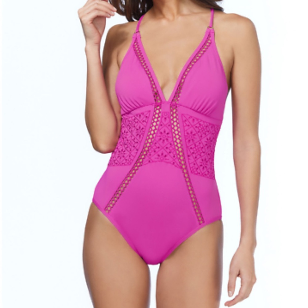 Ambrielle size XL Hot Pink Embroidered Cross Back One Piece Swimsuit Sexy